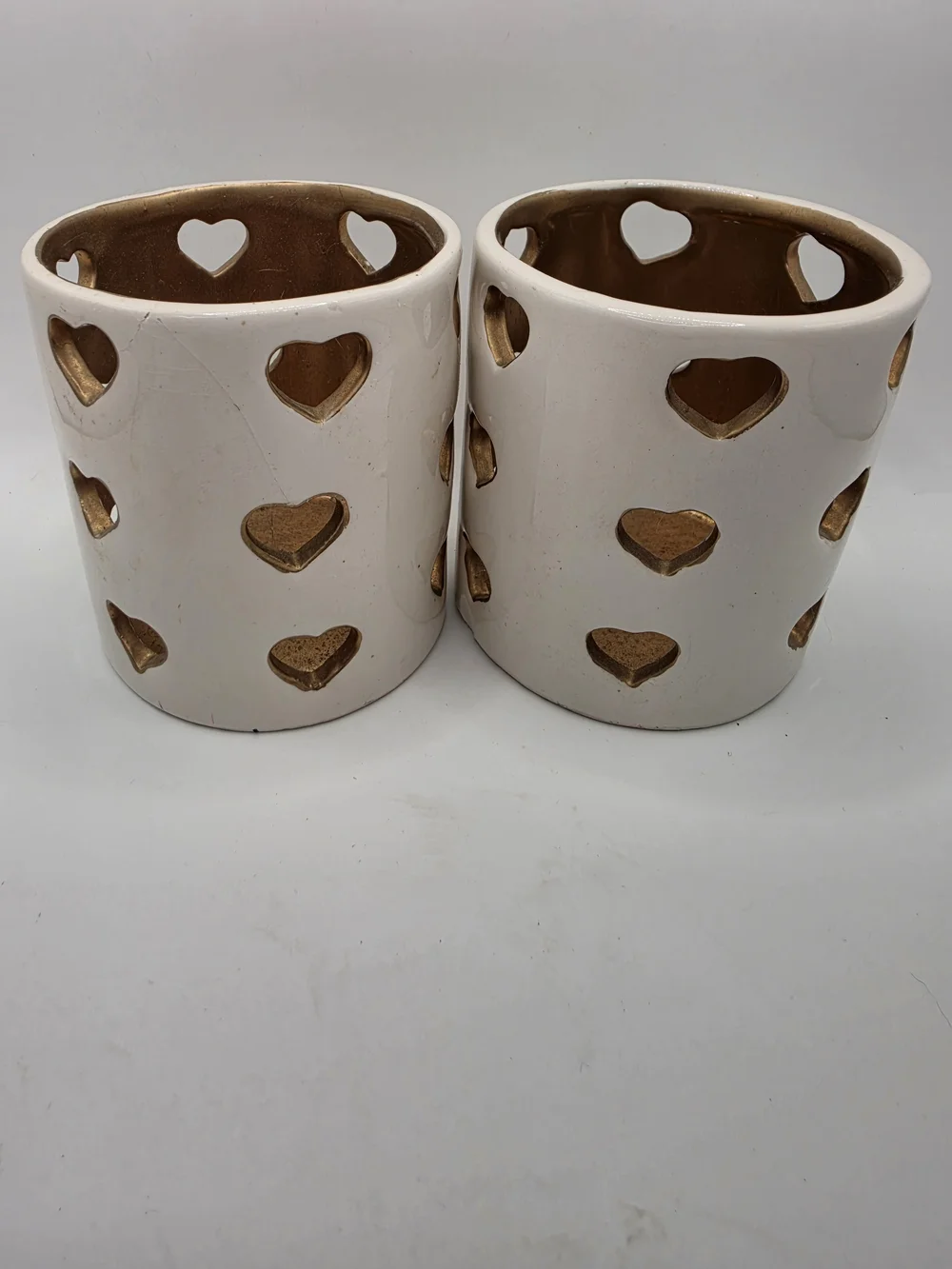 Newclassic Set Of 2 White Ceramic Heart Cutout Votive Candle Luminary Holder